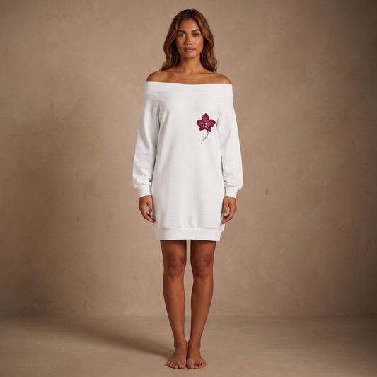 Burgundy Orchid Off-Shoulder Dress in White - model front view