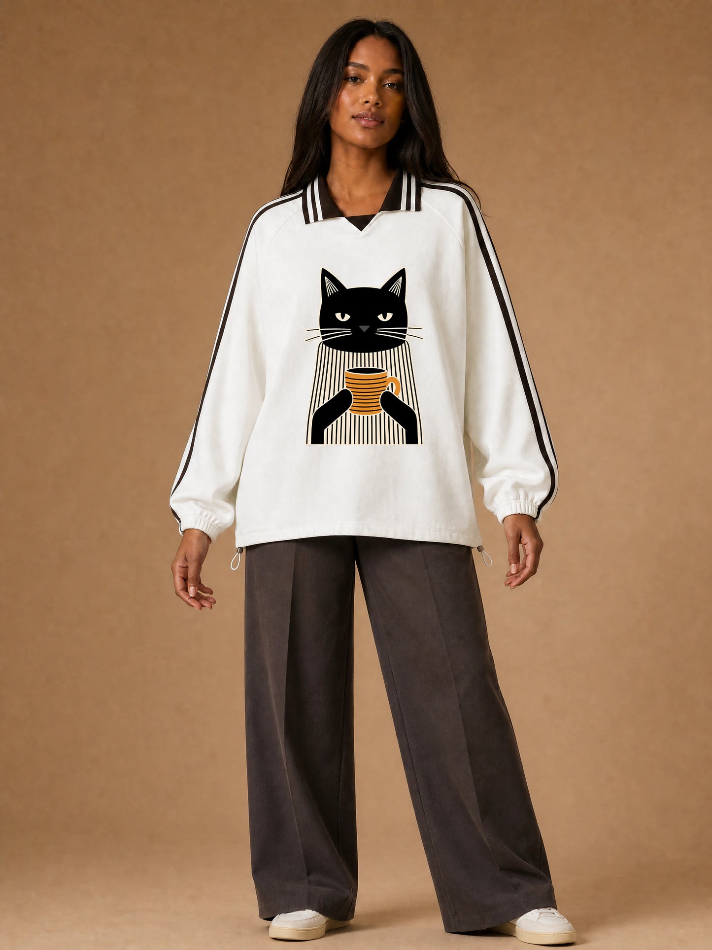Unisex Coffee Break Cat Striped-Collar Sweatshirt in White - full-length model view