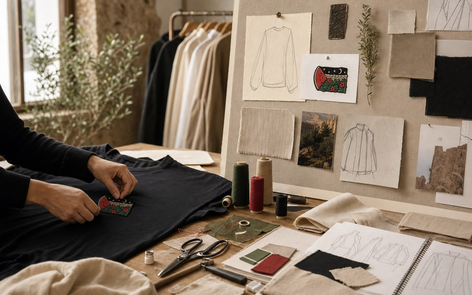 Ovilixa atelier with garments, sketches and embroidery