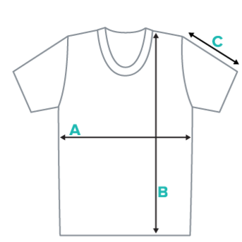 Crew-neck T-shirt diagram showing A half chest width, B garment length, and C sleeve length