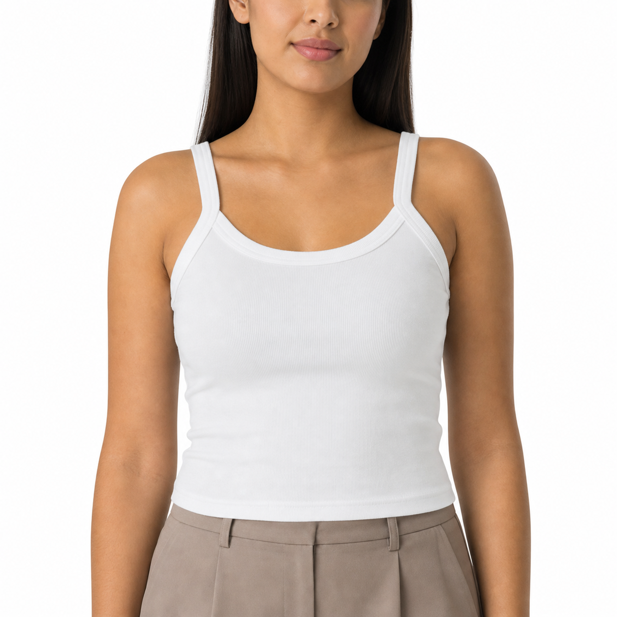 Woman wearing a plain fitted tank top for body measurement
