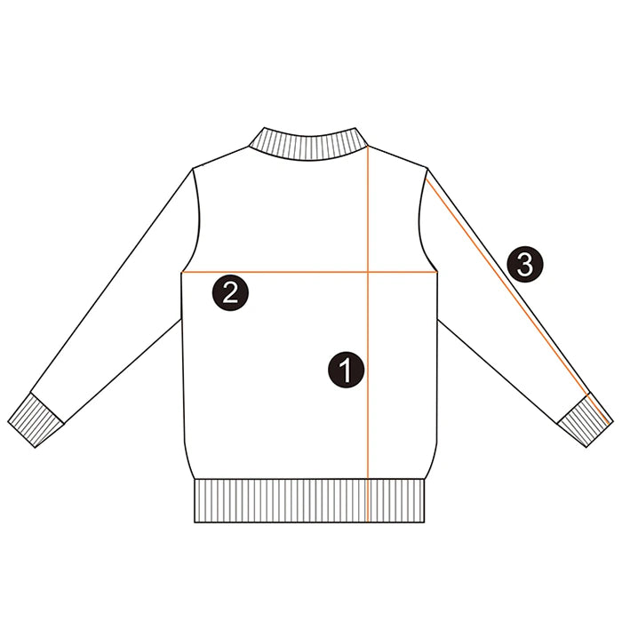 Striped-collar sweatshirt diagram showing 1 length, 2 chest width, and 3 raglan sleeve length