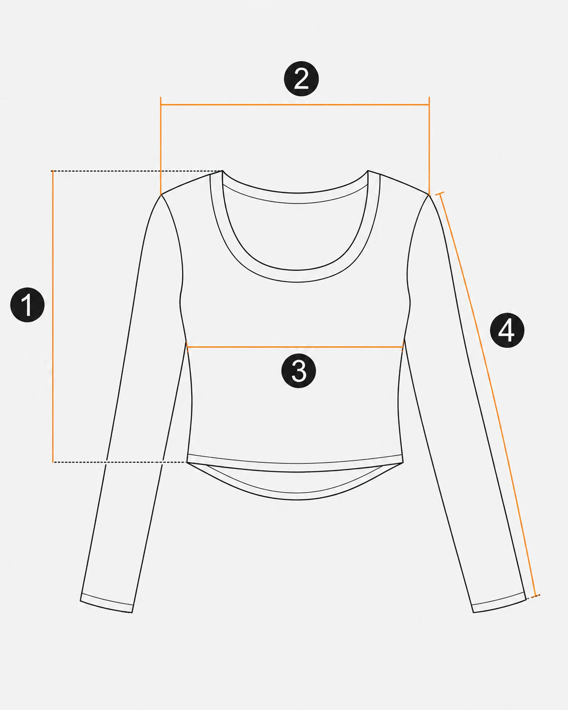 Cropped long-sleeve top diagram showing 1 length, 2 shoulder, 3 chest width, and 4 sleeve length