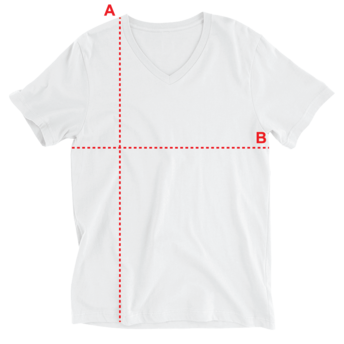 V-neck T-shirt diagram showing A length and B width