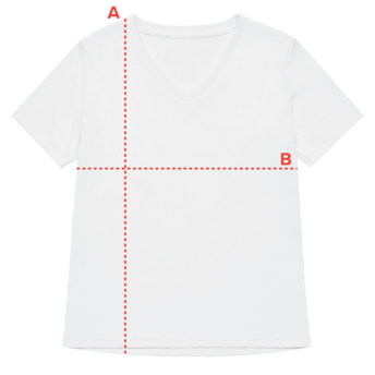 Women's relaxed V-neck T-shirt diagram showing A length and B width